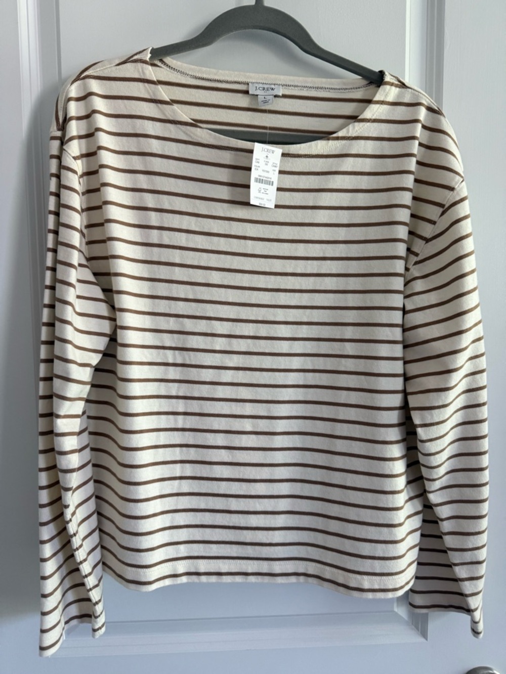 J. Crew Cream and Brown Striped Long-Sleeve Tee
